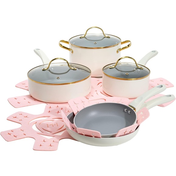PARIS HILTON Nonstick Pots and Pans Cookware Set | Color: Cream | Size: 12-Piece - Picture 4 of 8